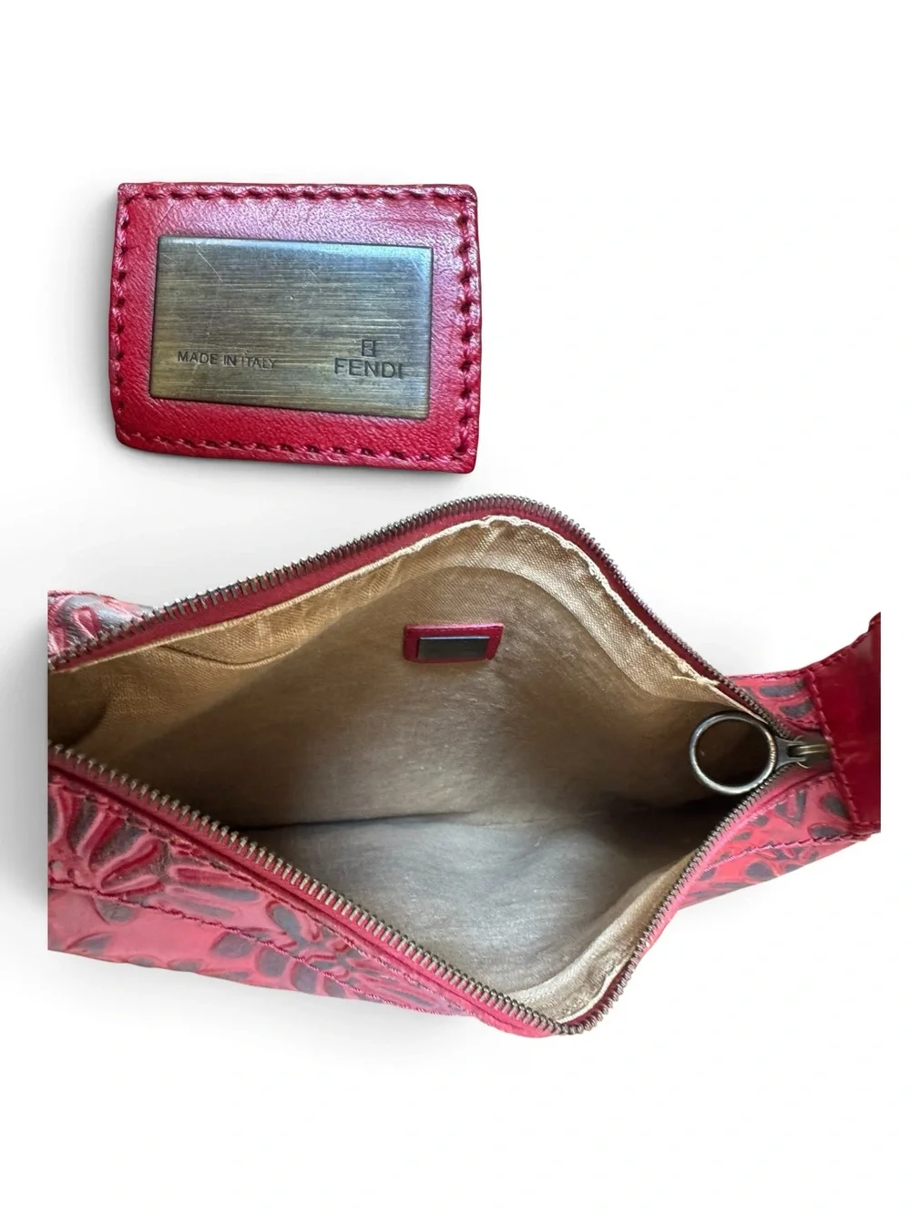 Rare Vintage Fendi Red Embossed Floral Leather Oyster Hobo Shoulder Bag